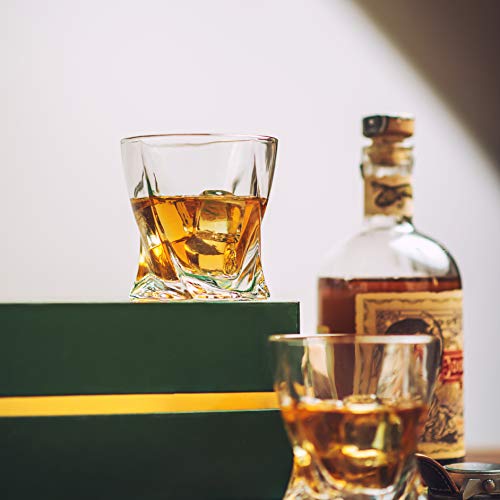 Amerigo Premium Whiskey Glass Set of 4 in Luxury Gift Box - Twist Whiskey Glasses 10oz for Scotch, Bourbon & Old Fashioned Cocktails - Whisky Gift for Men - Glass Tumblers - Fathers Day Gift - Bar Set