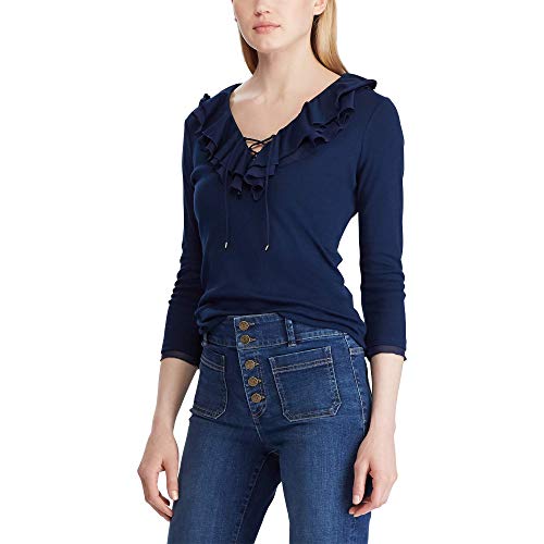 Chaps Women's Petite Ruffled Lace-Up 3/4 Sleeve Top, Capri Navy, PXS