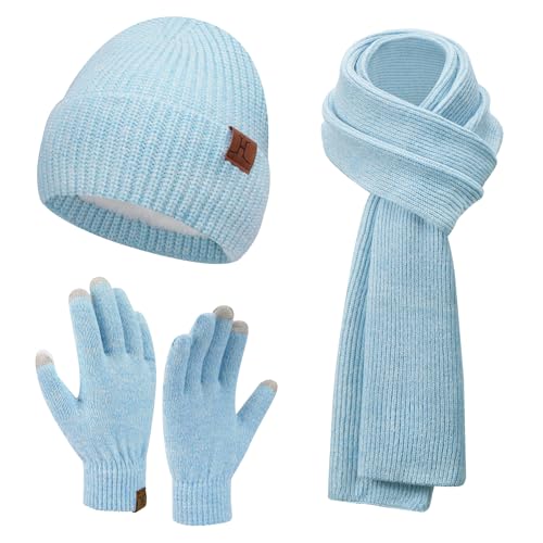 Womens Winter Knit Beanie Hats Touchscreen Gloves Long Scarf Set Warm Skull Caps with Fleece Gifts for Women