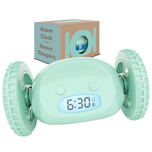 CLOCKY Extra Loud Alarm Clock for Heavy Sleepers on Wheels Rolls Runs Away Vibrating, Easy to Set Super Smart Snooze Digital Bed Shaker Alarm Clock Funny Gift for Adults Kids Teens Bedrooms (Mint)
