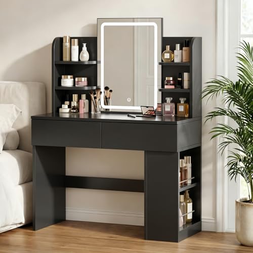 JUMMICO Dressing Table with LED Mirror Vanity Desk with 2 Large Drawers Adjustable Brightness Makeup Table with Open Shelves and Sideboard Bedroom Furniture (Black 90cm)