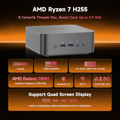 Image of Reatan X7 Mini Gaming PC,AMD Ryzen 7 255(8C /16T, up to 4,9 GHz) Radeon 780M Equipped with Crucial 48GB RAM DDR5 + 2TB SSD Up to 8K Quad-Screen Display OCulink Mini PC WiFi 7 USB 4.0 Built-in Speaker
