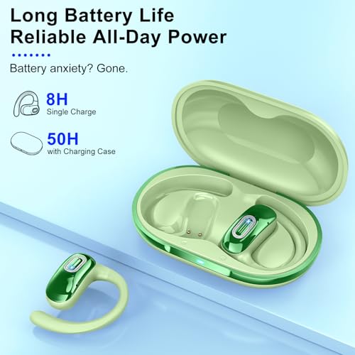 Image of Open Ear Headphones, Bluetooth 5.4 Earbuds, 50H, Air Conduction Ear buds, HD Stereo Bass Over Ear Earphones with Earhooks, Ultra-Comfort Secure Fit, IPX7 Waterproof Headset for Working Sports, Green