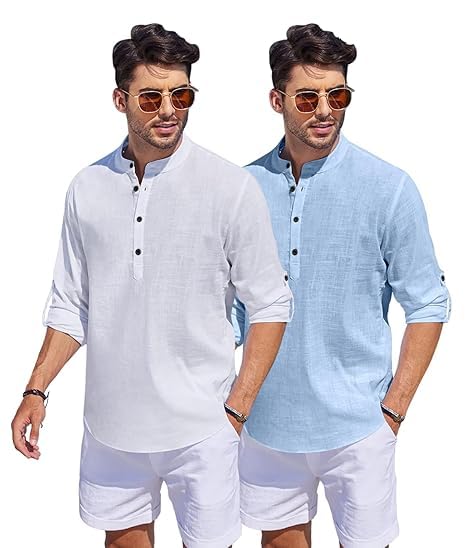 Image of Bellstone Men's Cotton Blend Straight Kurta Shirt Combo with Mandarin Collar - Slim Fit Casual Short Kurti Set Featuring Textured Slub Fabric and Roll-Up Full Sleeves