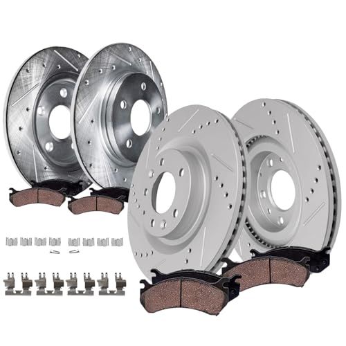 Image of Detroit Axle - 8pc Drilled and Slotted Brake Kit for 2016-2022 Mazda CX-9 | Disc Brake Rotors Ceramic Brake Pads 2017 2018 2019 2020 2021 Replacement 12.60 inch inch Front and 12.80 inch inch Rear Rotor