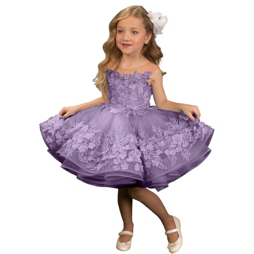 Lace Flower Girl Dress Short - 3D Flower Appliques Pageant Dresses for Girls Ball Gown