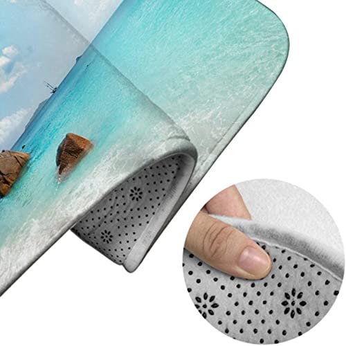 Badezimmerteppich-Set, 3-teilig, tropisches Strandthema, Palmenblau, waschbare Badeteppiche, rutschfest, mit Rückenpolster, Konturteppich und Toilettendeckelbezug – Bild 5