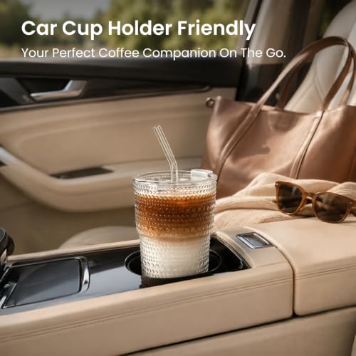 Image of INSETLAN Iced Coffee Cups with Lids and Straws, 13 oz Hobnail Glass Tumbler