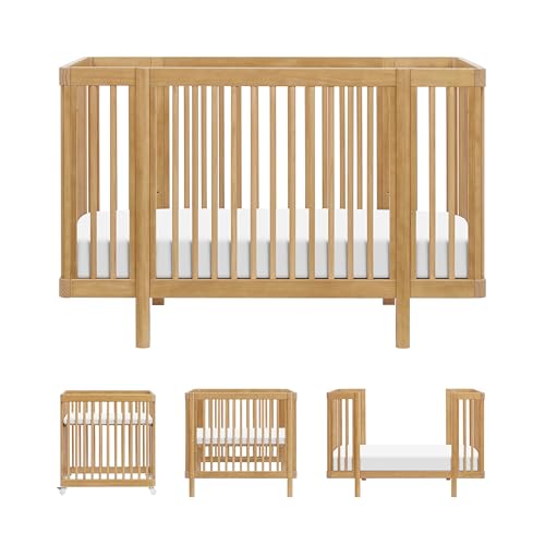 Image of Babyletto Pogo Convertible All-Stages Bassinet, Midi, Full-Size Crib in Honey, Greenguard Gold and FSC Certified, Portable & Adjustable with Conversion Kits and Pads Included