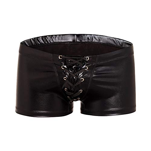 K-Men Men's Sexy Drawstring Boxer Briefs Lace up Swimwear Bikini Trunks Black M (Cotton, a) - Main Image