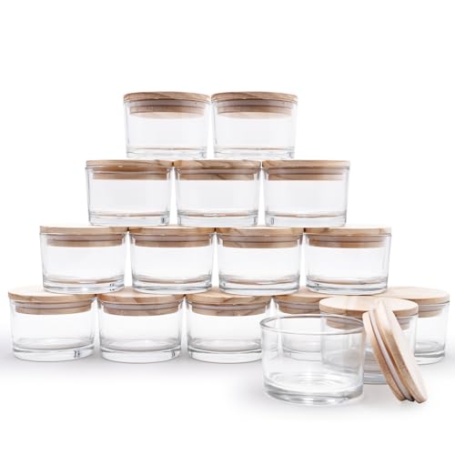 SHOWIN Thick Candle Jars for Making Candles 16 Pcs 4 OZ Empty Jars with Wood Lids for Candle Making Sample Container - Dishwasher Safe Clear
