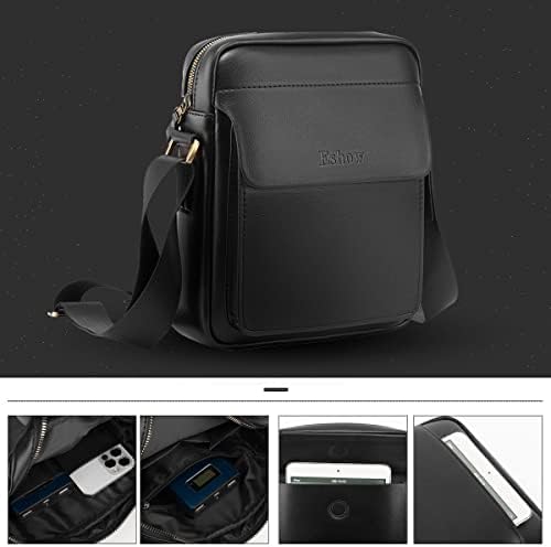 Vista 5 de Eshow Bolso bandolera de cuero para hombre, bolso de mensajero retro lateral para trabajo, negocios, bolso casual, negro101