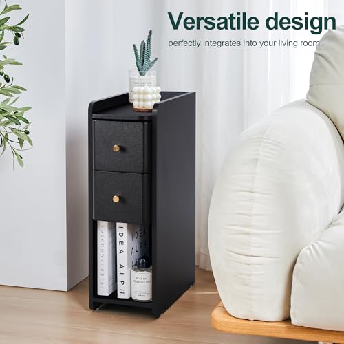 Image of Narrow Nightstand Set of 2, Wooden Small 2 Drawer Nightstand, Slim Side End Table, Skinny Bedside Table, Mid Century Modern Night Stand with Drawers for Bedroom (Black-2 pcs)