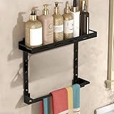 HECHKJ Duschkorb Ohne Bohren mit Handtuchstange, Multifunktionales Dusch Organizer, Dusche Shampoo Halterung Höhenverstellbar, Schwarz, für Badezimmer, Küche und Balkon