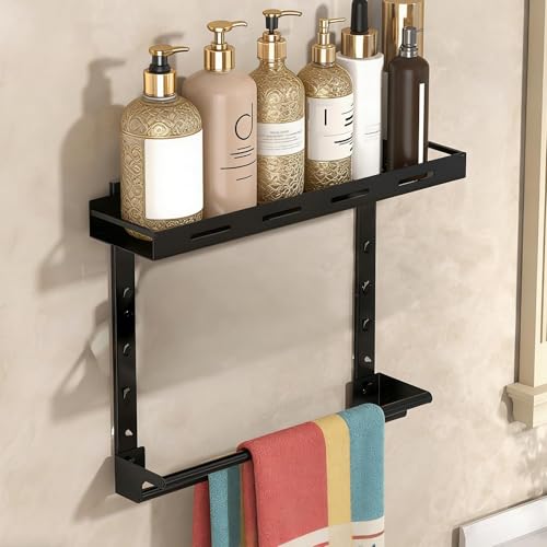 HECHKJ Duschkorb Ohne Bohren mit Handtuchstange, Multifunktionales Dusch Organizer, Dusche Shampoo Halterung Höhenverstellbar, Schwarz, für Badezimmer, Küche und Balkon