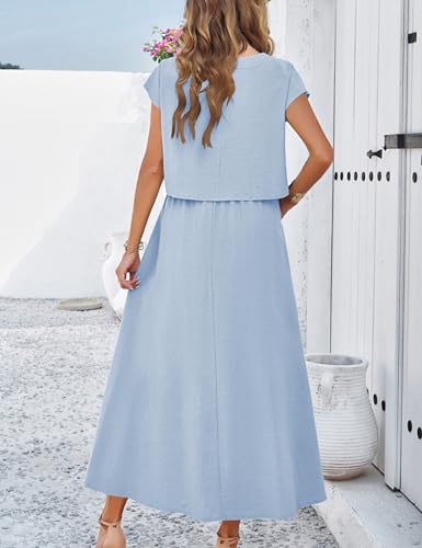 Image of HangNiFang Summer Skirt Sets Women 2 Piece Outfits Cap Sleeve Top Elastic Waist Maxi Dress Sets with Pockets