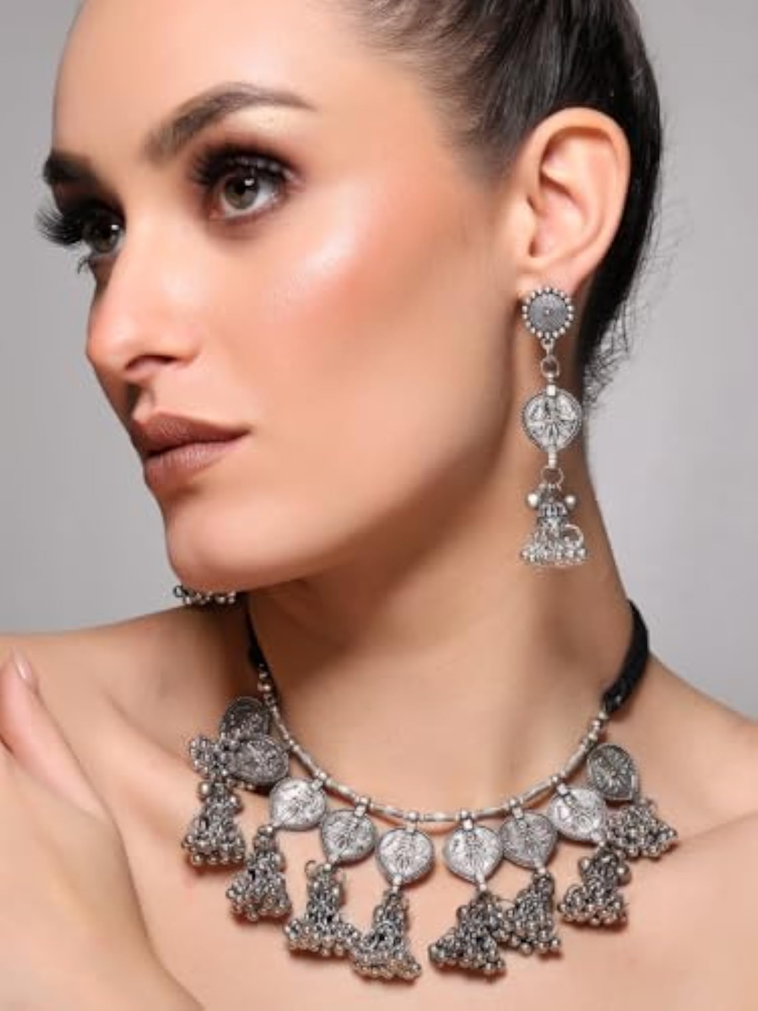 Oxidised Silver Traditional Necklace & Earrings Set for Women