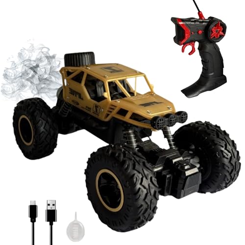 Image of Lilplay Monster Truck | Rechargeable Remote Control Car for Kids | Rock Crawler 5 Function 1:18 RC Car with Smoke | Offroad High Speed Rock Climbing Toys for Boys (Golden)