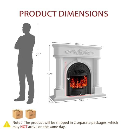 Image of Electric Fireplace with Mantel, 51 inchSolid Wood White TV Stand with Fireplace for Living Room,Black Birdcage Fire Place Heater with Roman Column Design for Bedroom