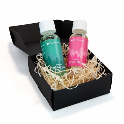 Fichtensteiner Saunaaufguss Geschenkset Eukalyptus, Rosenblüte - 2x 100ml Sauna Aufgussmittel in edler mattschwarzer Geschenkbox - Sauna Aufguss für bis zu 100 Aufgüsse - Wohltuender Saunaduft