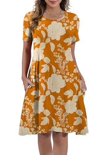 Image of REGAI Womens Summer Dresses Casual Loose Tshirt Crew Neck Floral Short Sleeve Flowy Pockets Sundresses, Floral Yellow 202508, XL