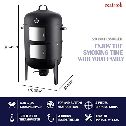 Realcook 20-Inch Charcoal Smoker Grill With Pellet Smoker Tube #TOP3