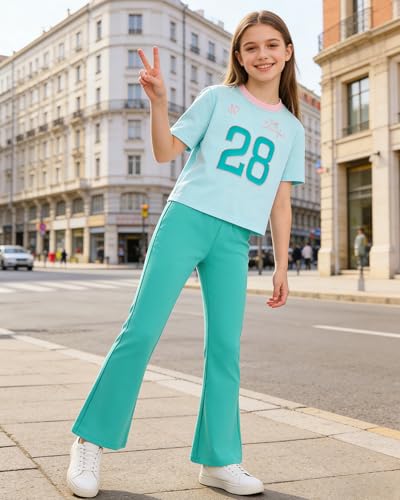 Image of Girls 2 Piece Outfit Colorblock Short Sleeve Graphic Tee & Flared Pants Casual Summer Clothes Set for Age 6-14