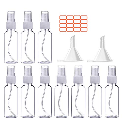 10Pack 2oz/50ml Spray Bottles, Clear Empty Fine Mist Plastic Mini Travel Bottle Set, Small Refillable Liquid Containers with 2pcs Funnels and 32pcs Labels
