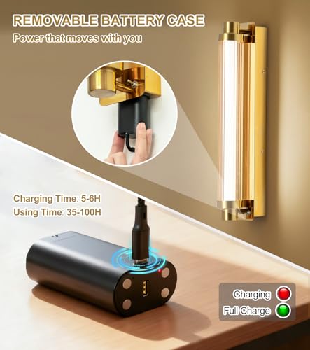 Image of Set of 2 Modern Gold Detachable 15000mAh Battery Wall Sconces | 15000mAh detachable battery, remote dimmable timer, renter-friendly no hardwire light for wall art bedroom hallway