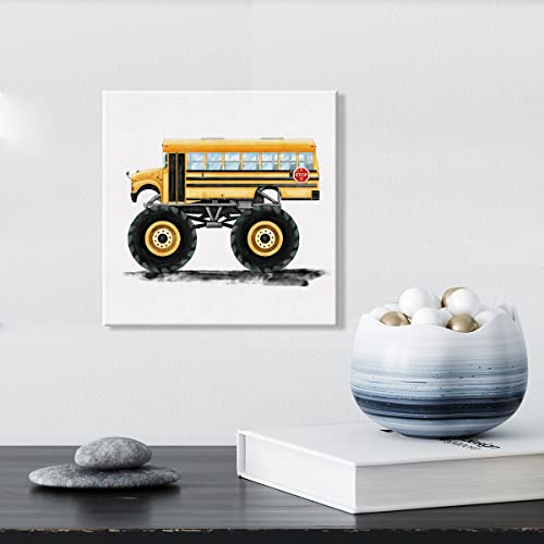 Lameila School Bus Monster Truck Artwork Sign Wall Art Prints Watercolor School Monster Truck Canvas Painting Vehicles Nursery Print Home Boys Bedroom Playroom Decor 8" X 8" #TOP2