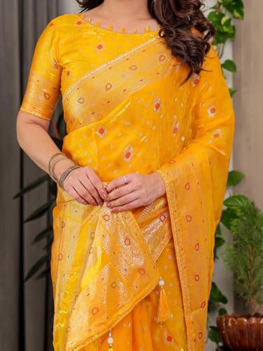 Image of ALMAARI FASHION Fendy Satin Foil Print Floral Saree with Tassels, Traditional Butti Motifs, 5.5m with 0.8m Blouse (FOIL 102 YELLOW H)