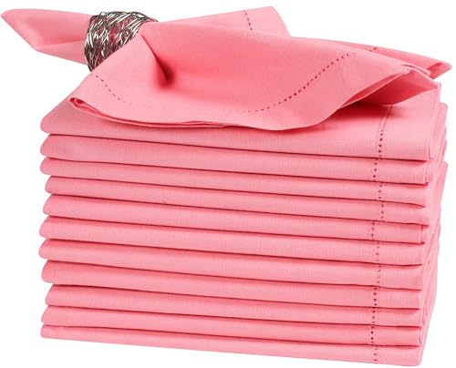 Bedding Craft Cotton Cloth Dinner Napkins Set of 12 – 18x18 Dianthus Pecan Hemstitched – Reusable Machine Washable Fabric Napkins for Weddings, Parties & Everyday Dining