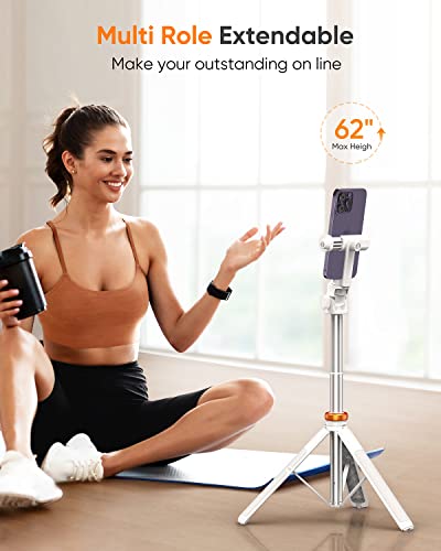 Image of EUCOS 62 inch Tripod for iPhone, Sturdy Selfie Stick Tripod with Remote & Lightweight Phone Stand, Solidest Portable Cell Phone Tripod, Compatible iPhone Pro Max /Android [White]