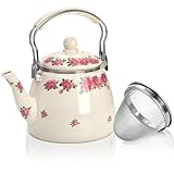 SOUJOY 3.5 Quart Enamel Tea Kettle for Stovetop, Vintage Floral Teapot with Stainlees Steel Infuser and Heat-Resistant Handle for Home Kitchen Camping, Perfect Housewarming Wedding Gift