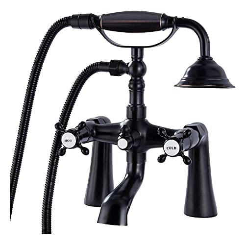 Robinet de baignoire double poignées croisées bronze huilé, ensemble mélangeur salle de bain
