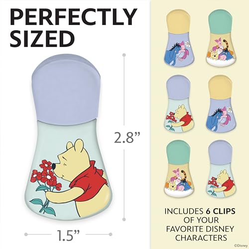 Image of Disney Winnie the Pooh Magnetic Chip Clips, Set of 6 | Airtight food storage bag clips for snack, cereal, and coffee bags, great for pantry and fridge, magnet displays kids artwork