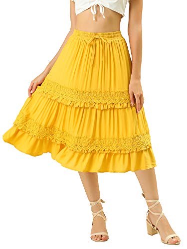 Allegra K Women s Ruffle Midi Skirt Boho Tiered High Waist Summer Skirts Small Yellow