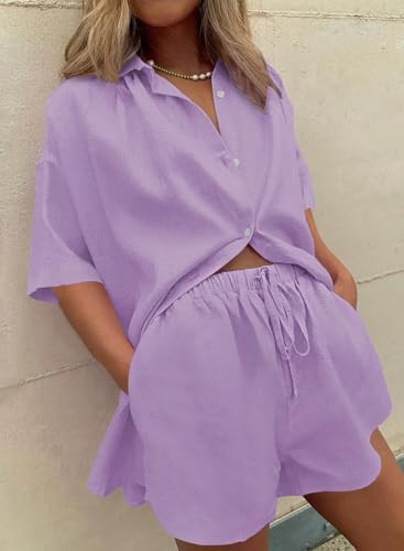 Image of Fixmatti Women 2 Piece Outfits Long Sleeve Button Down Blouse and Shorts Sweatsuit Sets