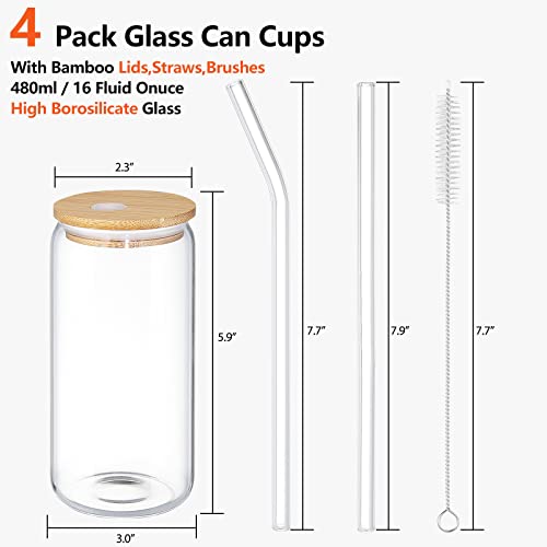 4 Pack Drinking Glasses Beer Can Glass Cups 16 Oz Can Shaped Tumbler Glass With Bamboo Lids And Straws Large Drinking Can Cups For Ice Soda Tea Iced Coffee Glasses Cups Birthday Gifts For Men #TOP1