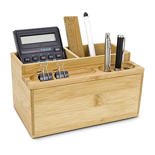 ROMINOX Organizador de escritorio con 3 prácticos compartimentos, bandeja extraíble, de madera de bambú renovable, tamaño: 18 x 10,5 x 9,5 cm aprox Cover