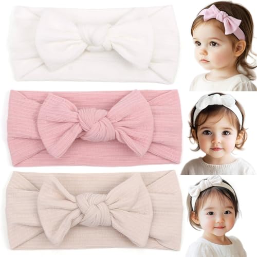 BIANHUAN Handmade Baby Headbands Soft Stretchy Nylon Hair Bands with Bows for Newborn Infant Baby Toddler Girls- Pack of 3 (Set-B, 3 Count (Pack of 1))