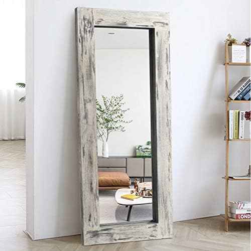 KIAYACI Full Length Mirror Floor Mirror Wood Frame Wall Mounted Mirror Distressed Style Wide Frame Dressing Make Up Mirror for Bathroom/Bedroom/Living Room/Entry/Farmhouse (Light Gray, 58" x 24")