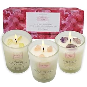 Soy Candles with Crystals. Citrine, Rose Quartz, Amethyst Crystal. Eucalyptus + Lemongrass, Jasmine + Sandalwood, Clary Sage + Lavender. 3PC Scented Crystal Candle Set, 2.47oz Each