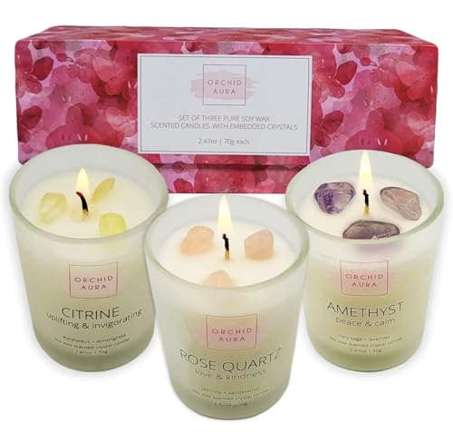 ORCHID AURA Soy Candles with Healing Crystals. Citrine, Rose Quartz, Amethyst Crystal. Eucalyptus + Lemongrass, Jasmine + Sandalwood, Clary Sage + Lavender. 3PC Scented Candle Set, 2.47oz Each