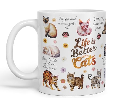 Vixar Life is Better with Cats Joke Pets kittten Ceramic Coloured Mug Cup for Tea Coffee Hot Brew 330ml 11Oz Gift (White)