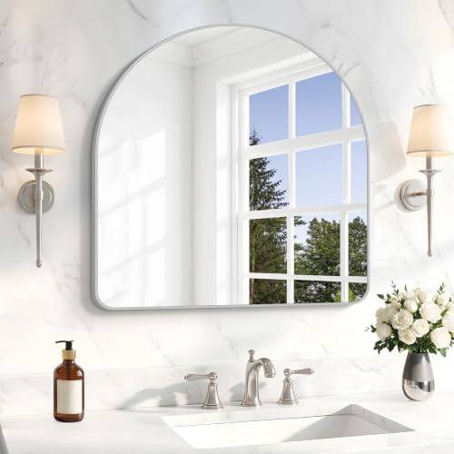 Image of BONEWEI Arched Wall Mirror,30x30 inch Silver Arched Mirror Bathroom,Large Vanity Mirror for Over Sink Metal Frame,Tempered Glass Arch Mirrors for Bedroom,Entryway,Living Room,Home Decor Shatter-Proof