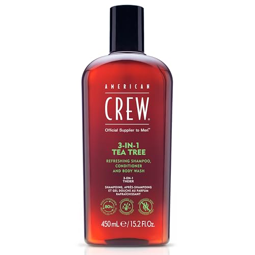 AMERICAN CREW – 3-in-1 Tea Tree Shampoo, Conditioner & Body Wash mit Teebaumöl, 450 ml, Pflegeshampoo und Spülung für Männer, Duschgel zur täglichen Reinigung von Körper und Haar, Almond