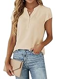 Cuptacc Bluse Damen V-Ausschnitt Kurzarm Shirt Damen Sommer Festliche Blusen Top Lässig Einfarbig Tunika Aprikose, Groß L 42-44