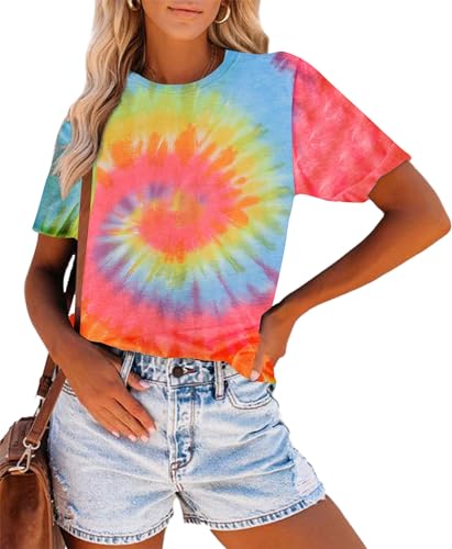 Tie Dye T Shirts for Women Rainbow Shirts Funny Short Sleeve Tops3