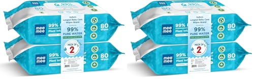 Image of Mee Mee Pure Water Wet Wipes 80 Count x 4 Pack 320 Wipes | Unscented, Plant-Derived, Thick & Soft Baby Wipes | Gentle for Newborn & Sensitive Skin with Lid